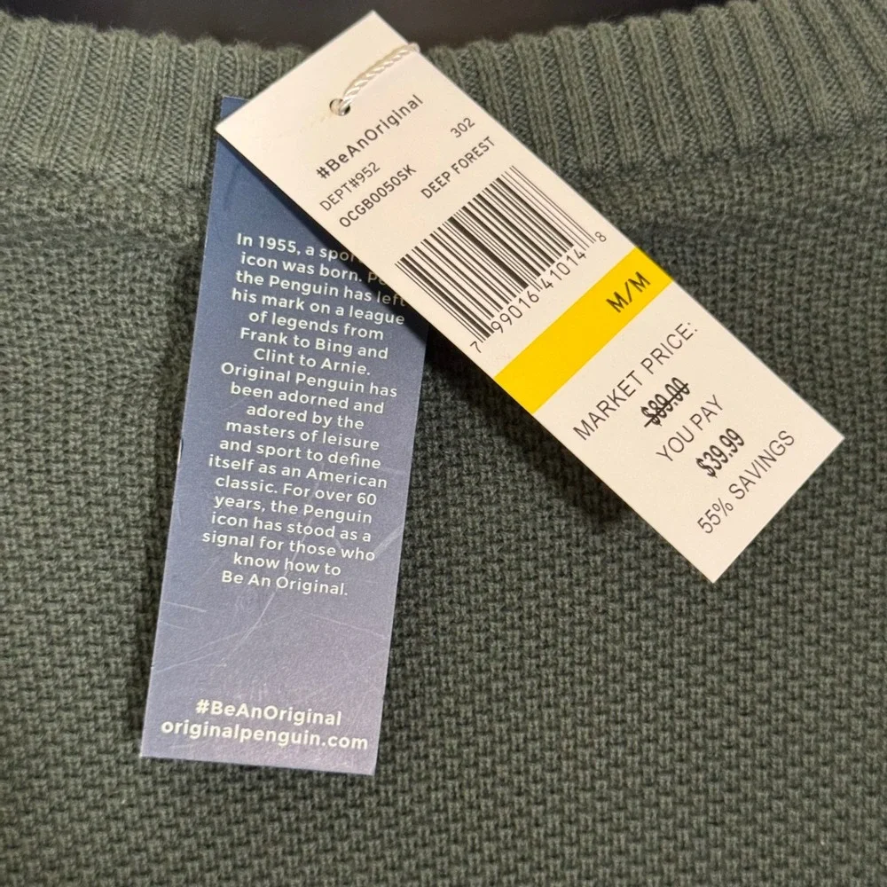 Original Penguin Men's Deep Forest Green Cotton Textured Crew Neck Sweater
